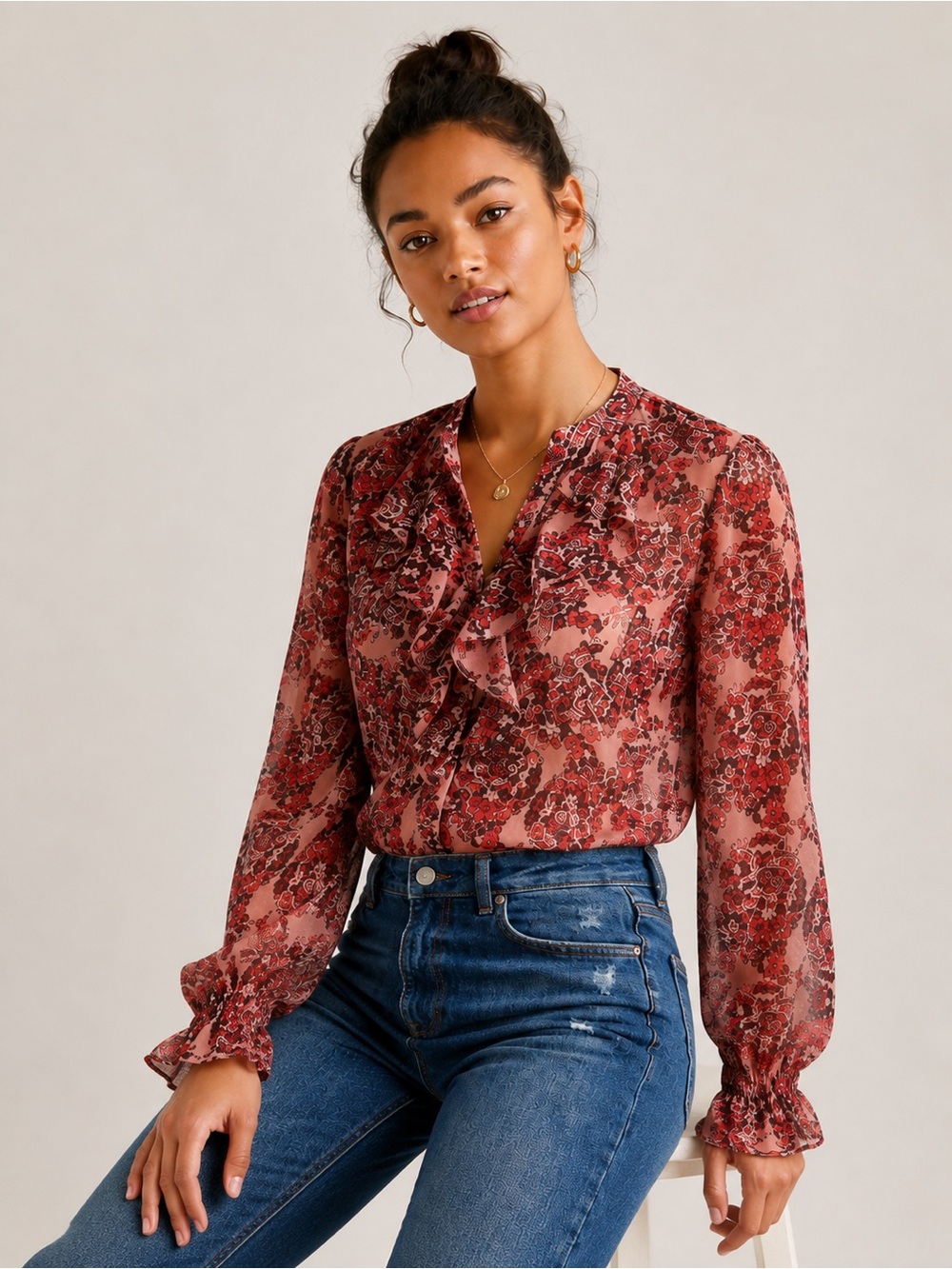 Boden Floral Ruffle Front Chiffon Blouse Pink Red Long Sleeve Women Size 4